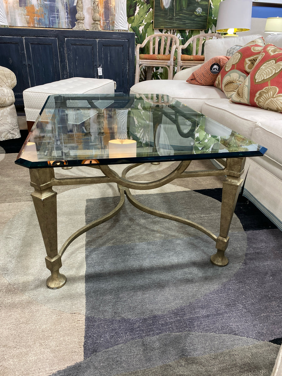 COFFEE TABLE GLASS TOP  VINTAGE  CHAMPAGNE  AND GOLD  BASE