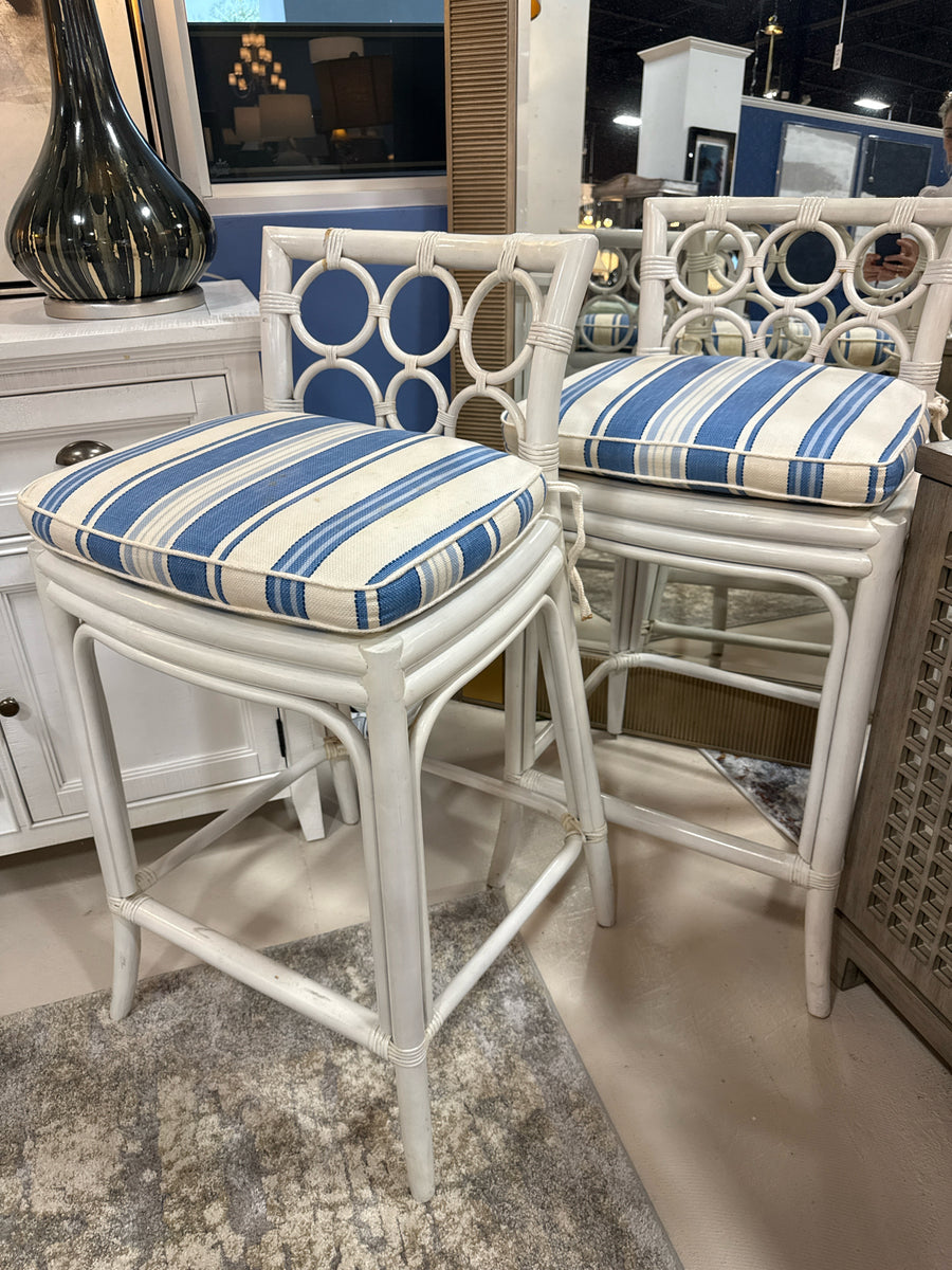 BARSTOOLS SET 3 WHITE RATTAN BLUE STRIPED CUSHIONS PER CONDITION