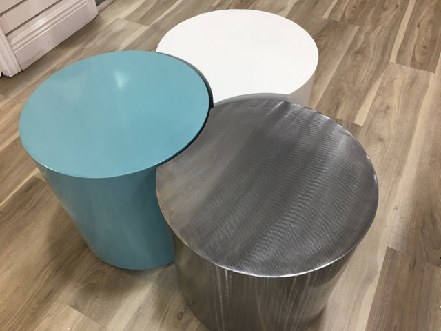 3 PIECE CYLINDER DRUM TABLE WHITE GREY AND BLUE