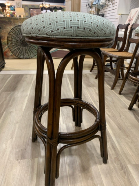 BAR STOOLS AQUA BASKETWEAVE FABRIC WOOD BASE SWIVEL  BAR HEIGHT SET OF 3