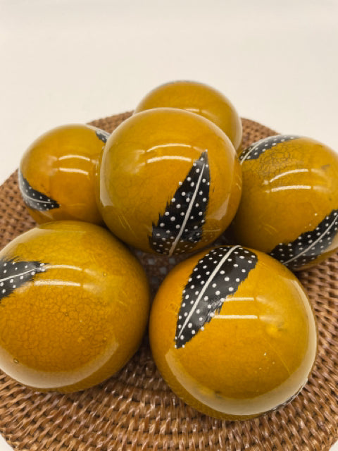 BALLS DECORATIVE SET OF 6  GOLD WITH HANDPAINTED FEATHER ACCENT
