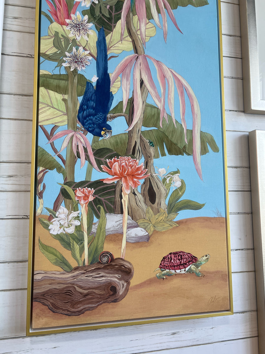 LINEN THREE PANELS PALM BEACH FRAMED IN WHITE AND GOLD FLOATER