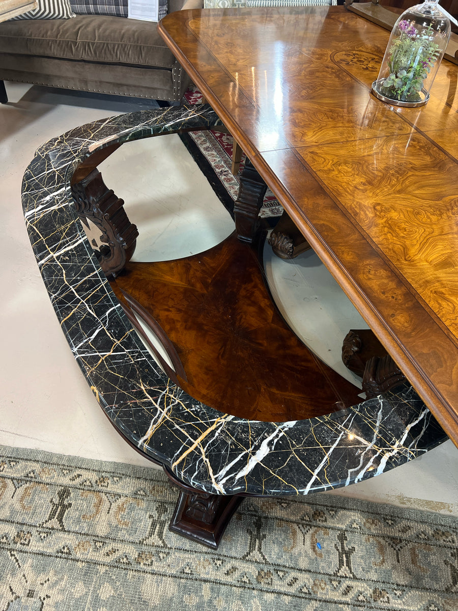 HENREDON COCKTAIL TABLE MARBLE AND GLASS TOP WOOD BASE