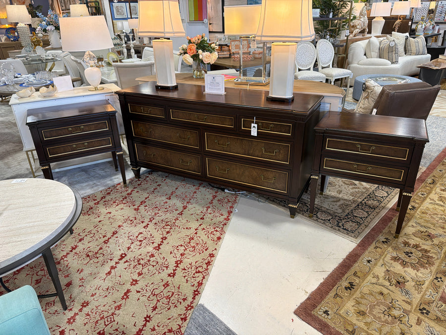 ETHAN ALLEN DRESSER AND 2 NIGHTSTAND DARK WOOD GOLD LEAF ACCENT Consign & Design ETHAN ALLEN DRESSER AND 2 NIGHTSTAND DARK WOOD GOLD LEAF ACCENT Consign & Design