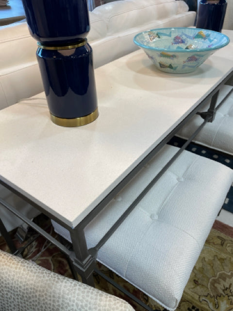 BERNHARDT CONSOLE WHITE  STONE TOP WITH NESTING  OTTOMANS TUFTED WHITE FABRIC