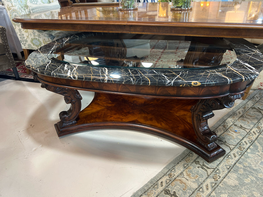 HENREDON COCKTAIL TABLE MARBLE AND GLASS TOP WOOD BASE