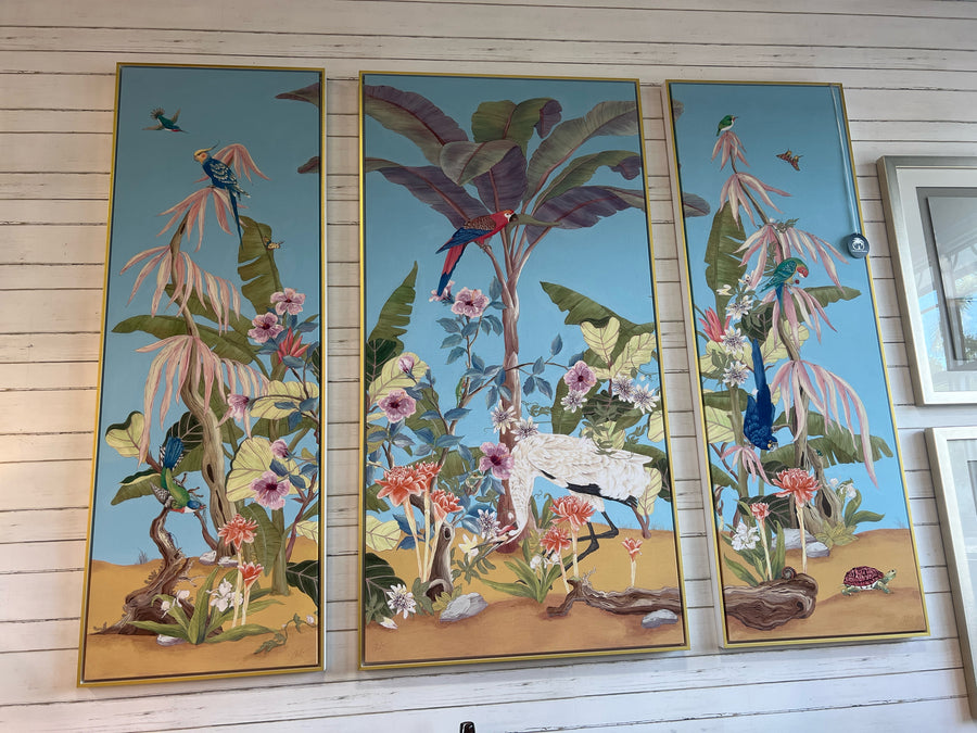 LINEN THREE PANELS PALM BEACH FRAMED IN WHITE AND GOLD FLOATER