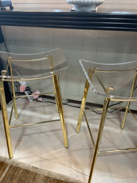 PAIR OF BAR STOOL GOLD BASE WITH LUCITE SEAT