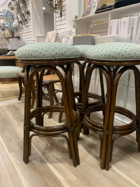 BAR STOOLS AQUA BASKETWEAVE FABRIC WOOD BASE SWIVEL  BAR HEIGHT SET OF 3