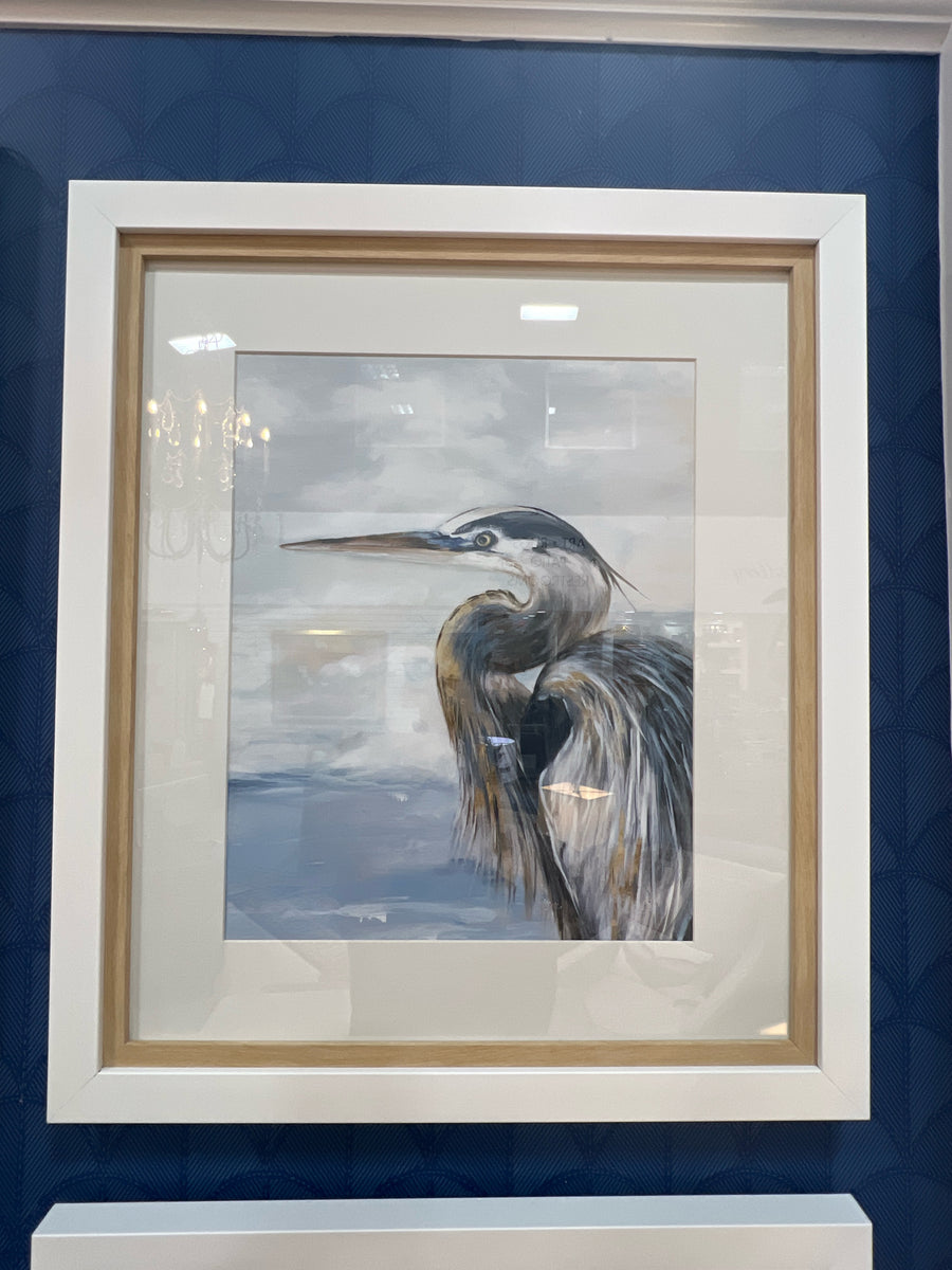 PRINT MORNING HERON I FRAMMED ON WHITE AND BLONDE WOOD