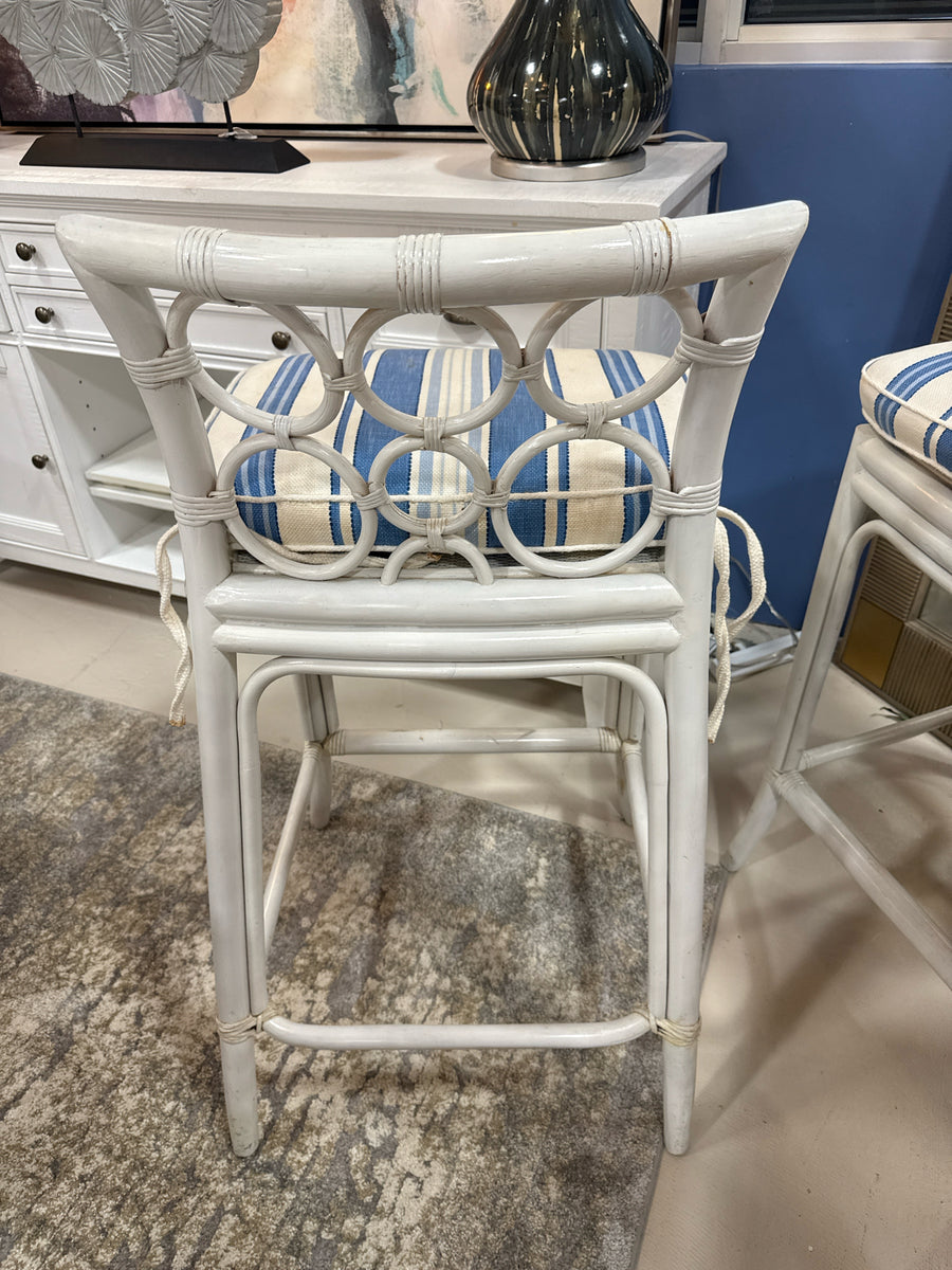 BARSTOOLS SET 3 WHITE RATTAN BLUE STRIPED CUSHIONS PER CONDITION
