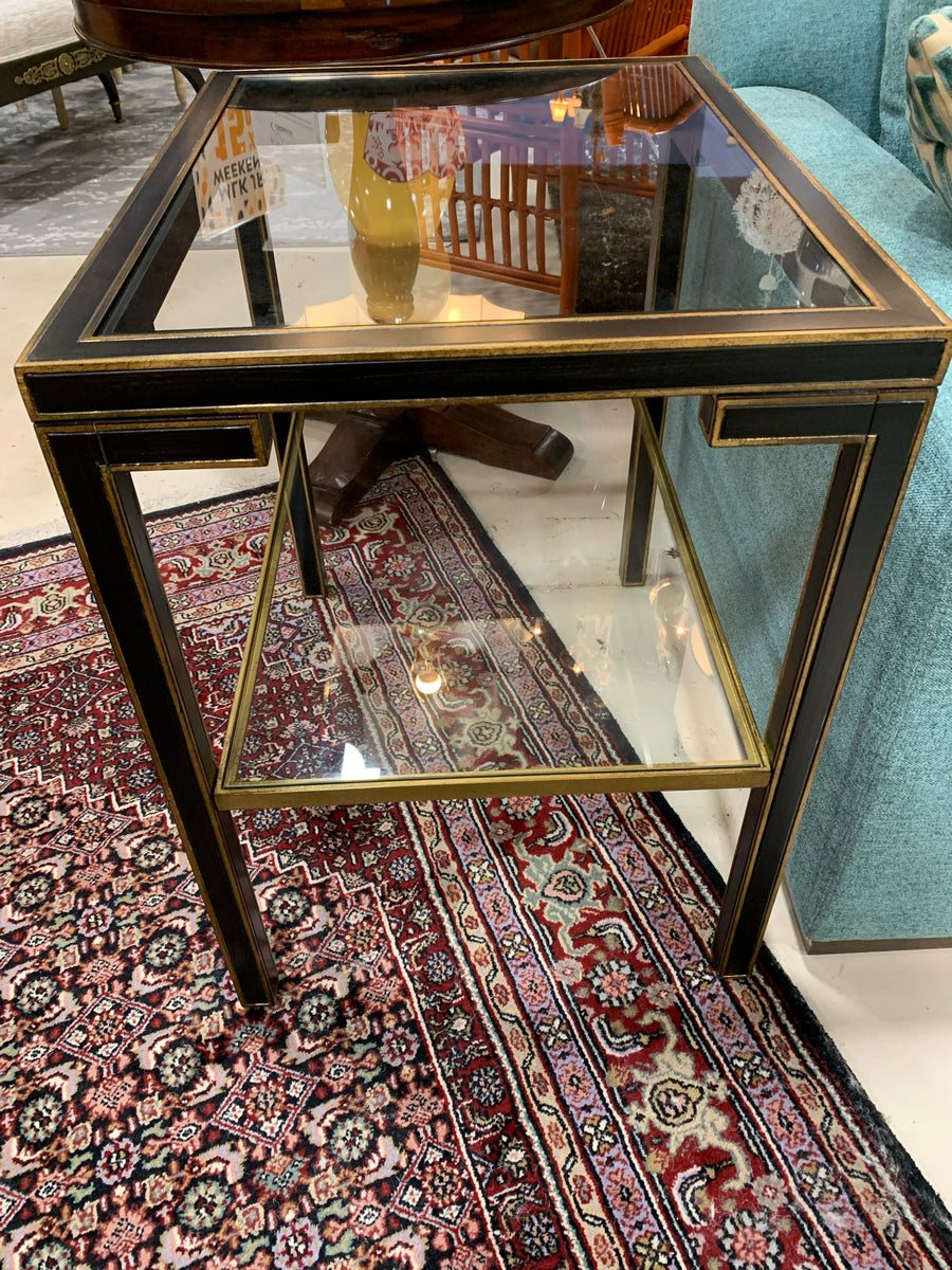 END TABLE BLACK EMBELLISHED WITH GOLD  GLASS TOP AND SHELF