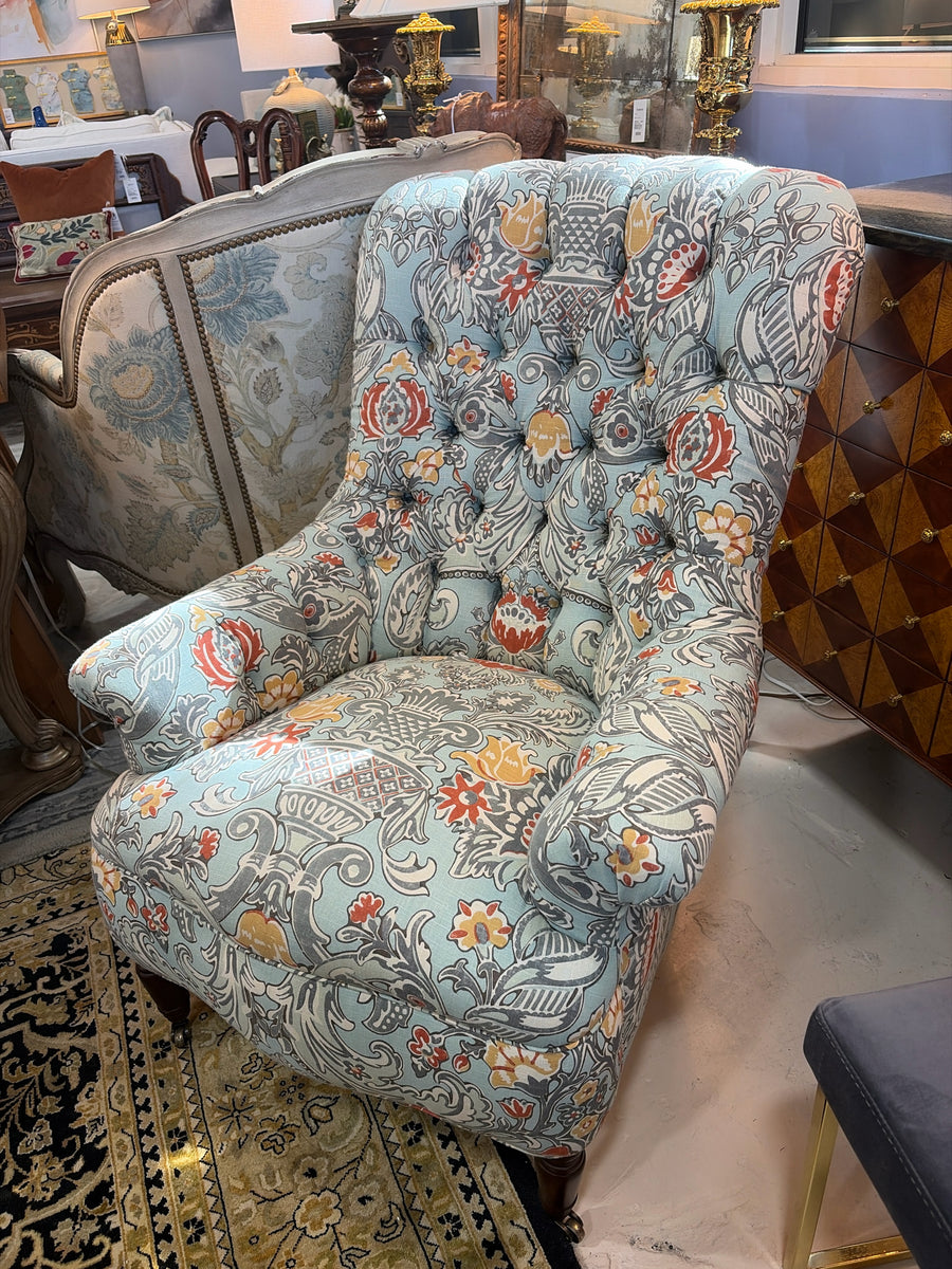 BALLARD ARM CHAIR PAIR BLUE TUFTED FLORAL FABRIC WITH FRONT CASTERS