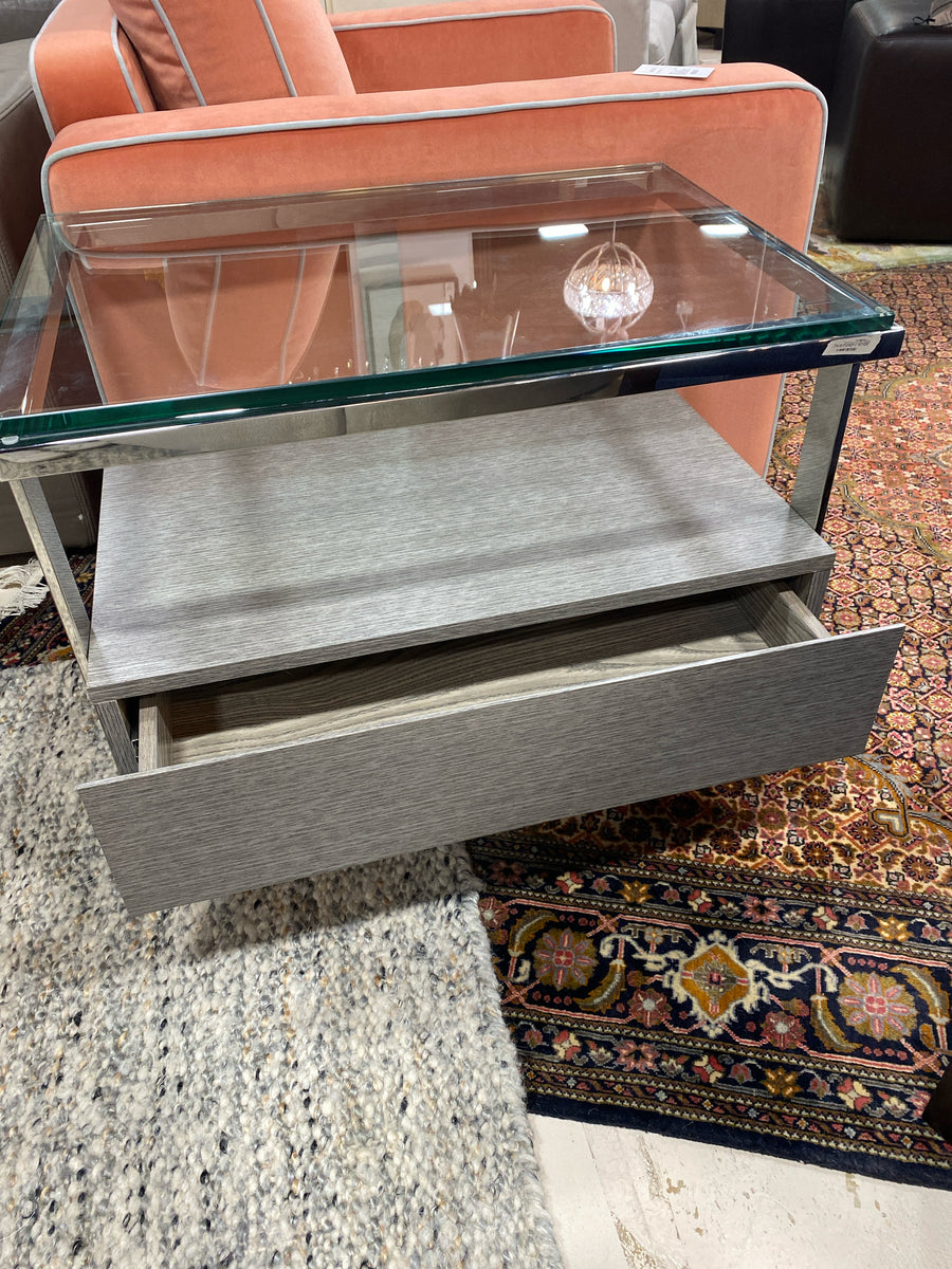 END TABLE GREY GLASS AND CHROME 1 DRAWER