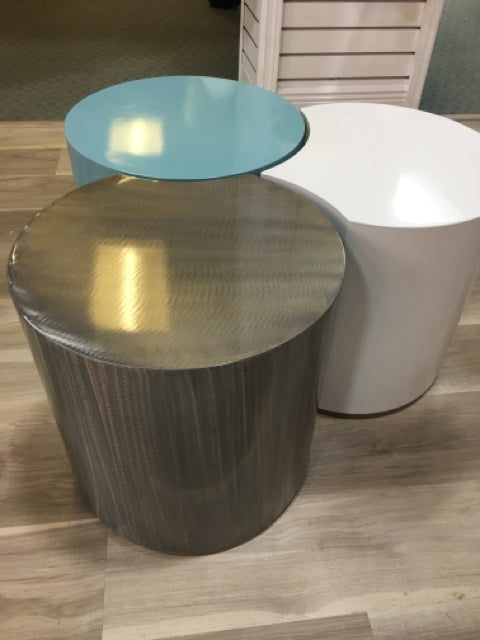3 PIECE CYLINDER DRUM TABLE WHITE GREY AND BLUE