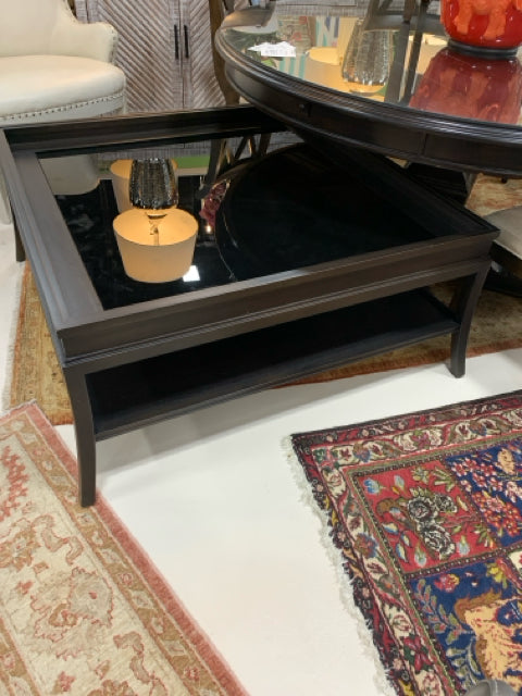 OCCASIONAL TABLE GREY WITH LOWER SHELF AND BLACK GLASS