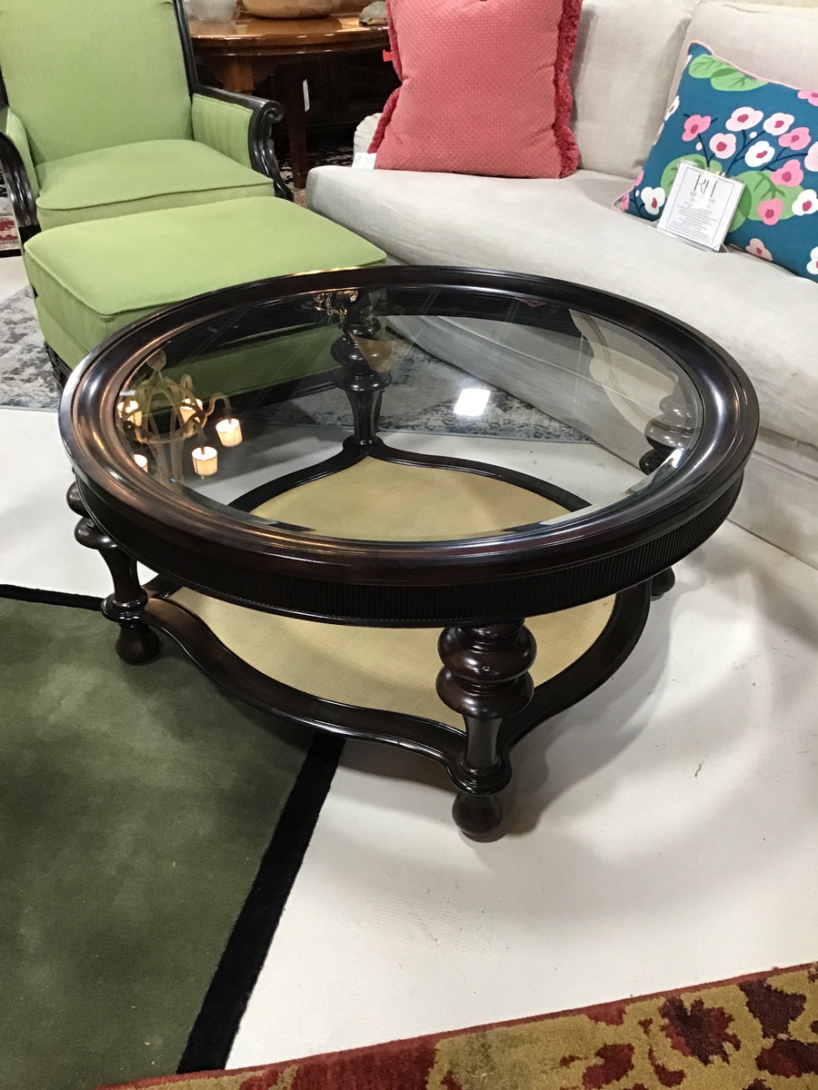 SCHNADIG OCCASIONAL TABLE ROUND DARK WOOD WITH GLASS TOP