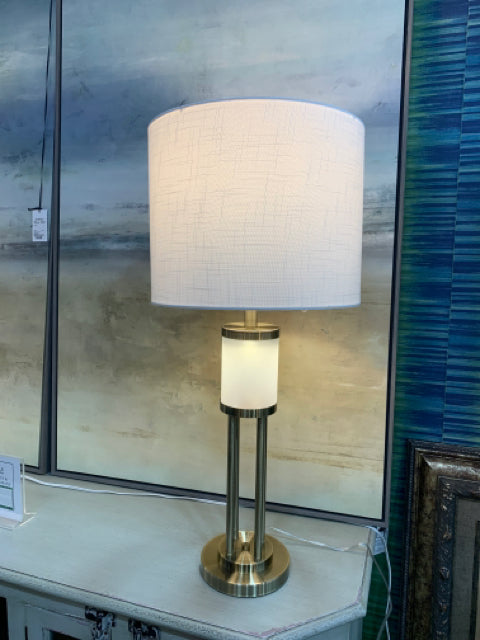 TABLE LAMP ANTIQUE BRASS AND GLASS 34"H