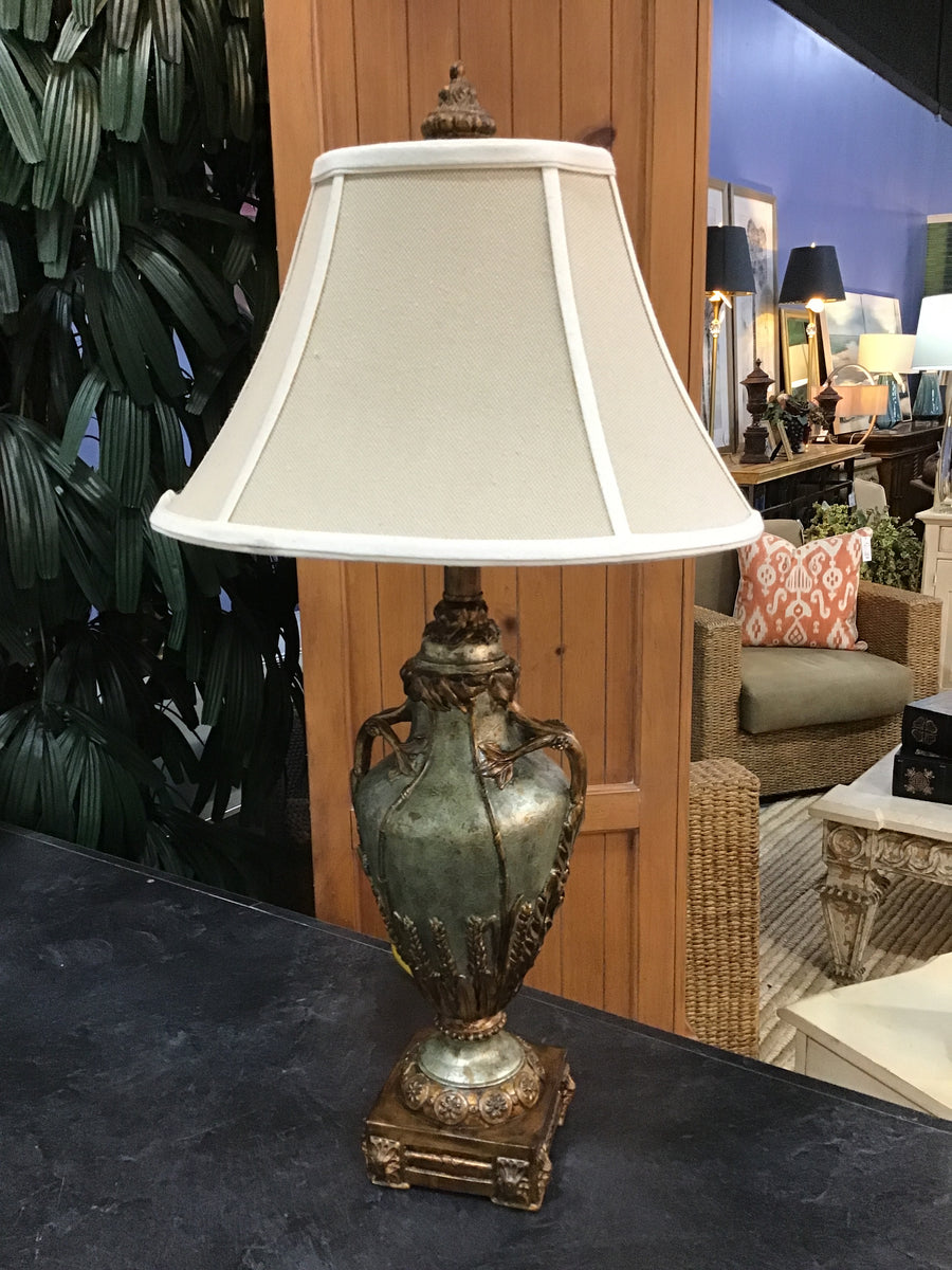 ALEXANDER JOHN TABLE LAMP URN GREEN AND BRONZE COLORED