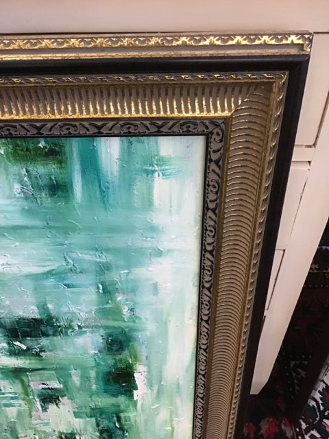PAINTING GREEN ABSTRACT GOLD AND BLACK FRAME