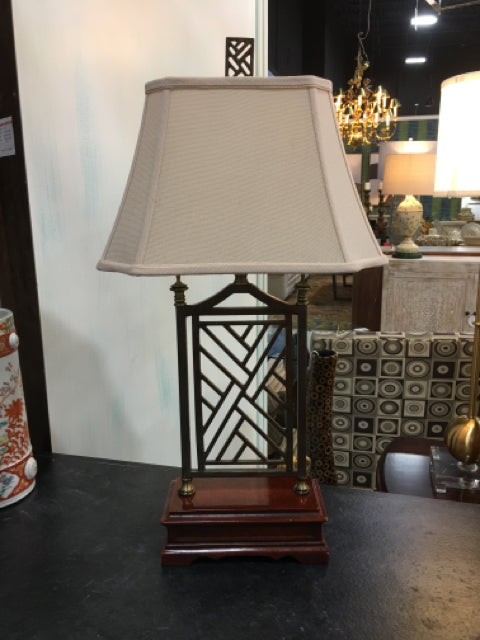 TABLE LAMP WOOD AND METAL WITH BEIGE COLORED SHADE