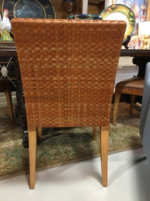 CHAIR HENREDON SET OF 4 BROWN  LEATHER WOVEN BACK