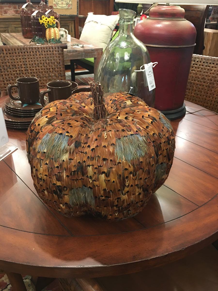ORANGE AND BROWN FEATHER PUMPKIN WITH TWIG STEM