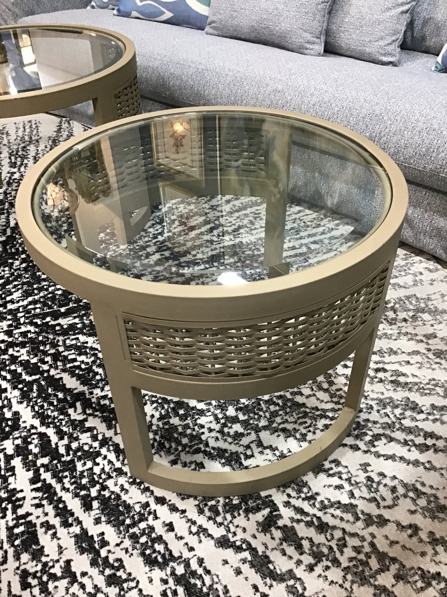 OCCASIONAL TABLE ROUND TAUPE METAL FRAME WITH GLASS TOP