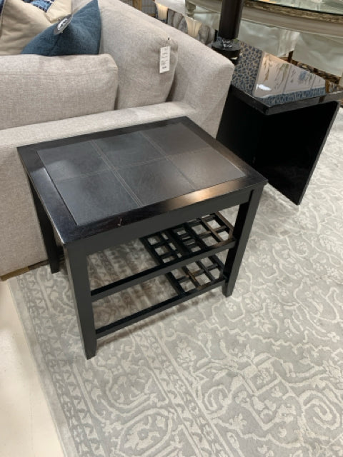 END TABLE BLACK WITH LEATHER INLAY 2 SHELF