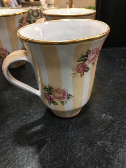 MACKENZIE CHILDS MUG PEACH  FLORAL AND STRIPES