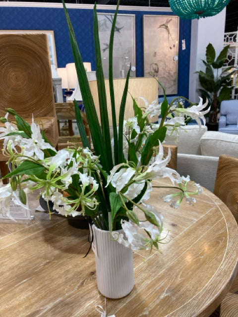 SILK LILLIES IN WHITE RIBBED CERAMIC VASE