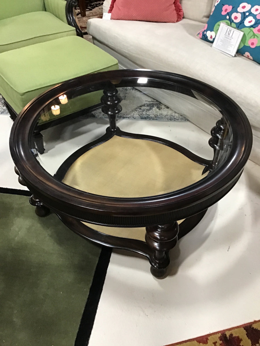 SCHNADIG OCCASIONAL TABLE ROUND DARK WOOD WITH GLASS TOP