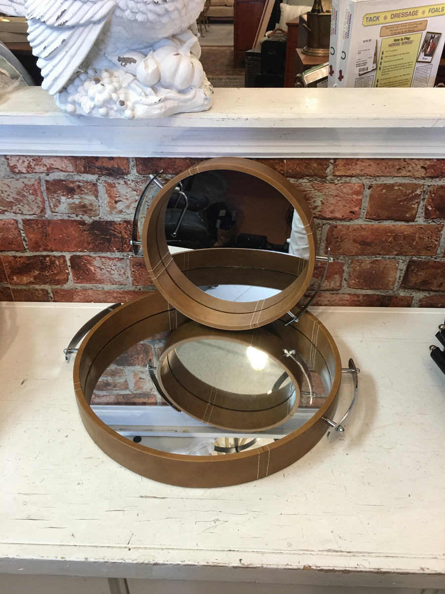 SET OF 2 TAN MIRRORED TRAYS WITH HANDLES