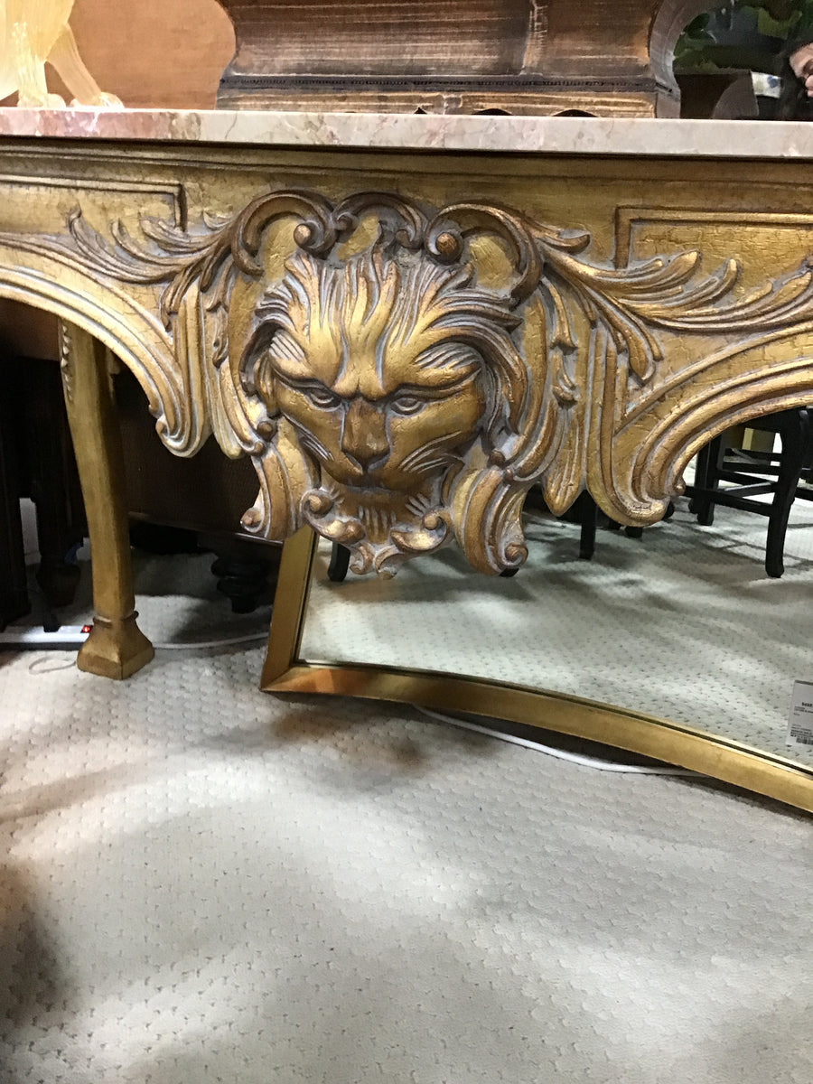 CONSOLE GOLD TONE METAL WITH LION AND MARBLE TOP