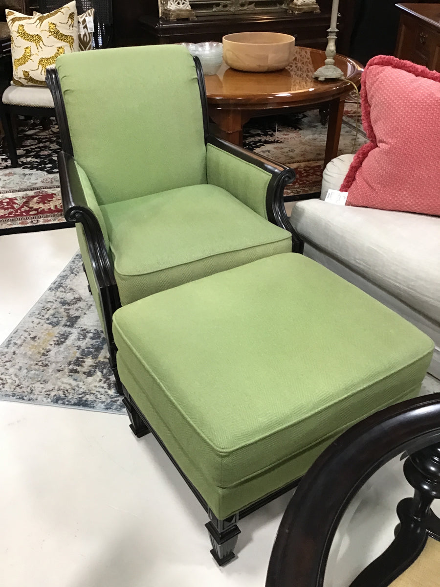 CHAIR AND OTTOMAN GREEN WITH DARK WOOD FRAME