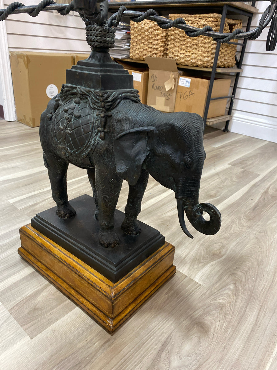 MAITLAND SMITH SIDE TABLE  BRONZE ELEPHANT WITH GLASS TOP ON LEATHER BASE