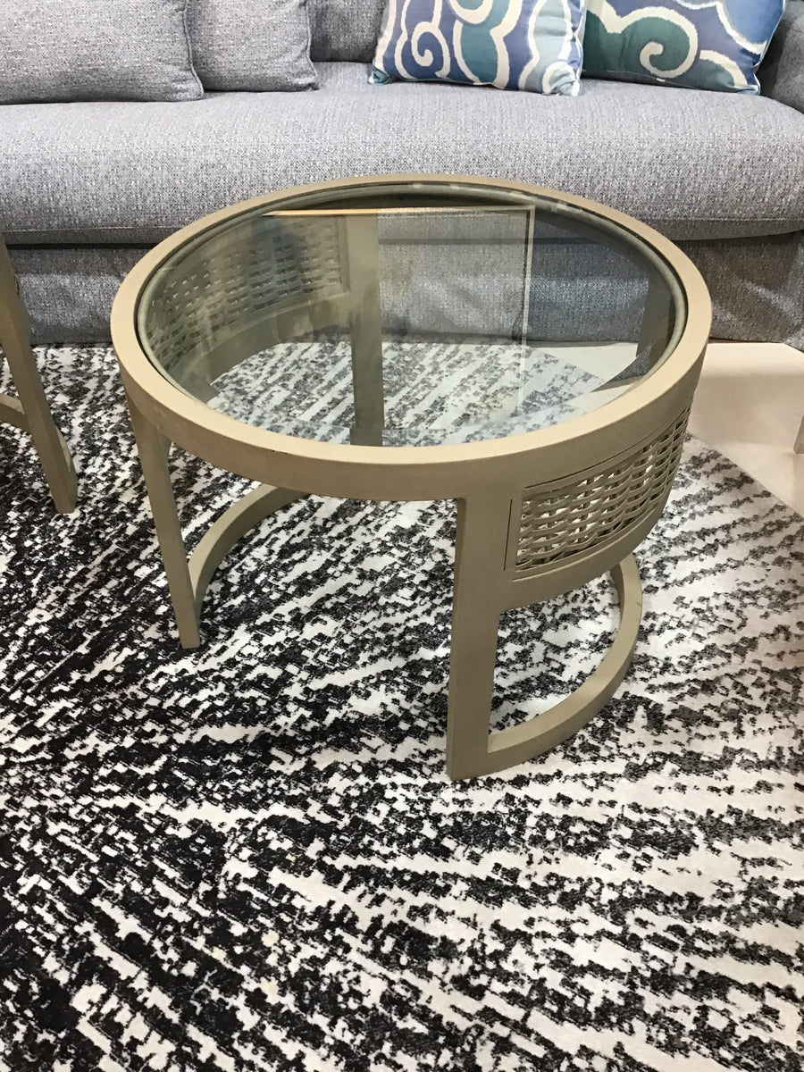 OCCASIONAL TABLE ROUND TAUPE METAL FRAME WITH GLASS TOP