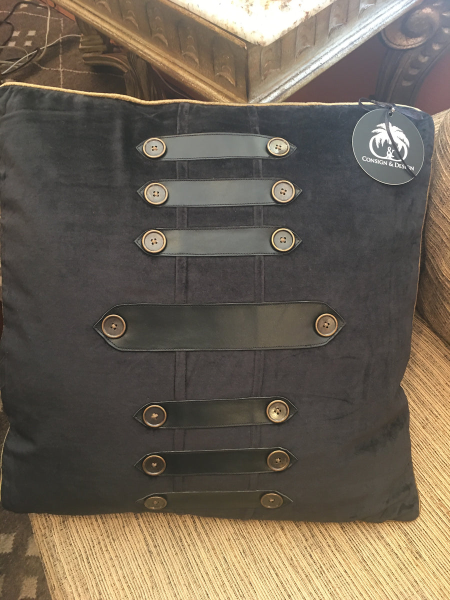 BLACK VELVET PILLOW WITH BUTTONS AND BLACK STRAPS