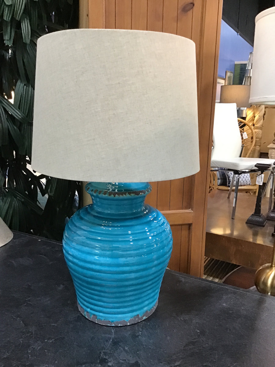 TABLE LAMP TURQUOISE CERAMIC JUG STYLE WITH LINEN SHADE 24.5"H