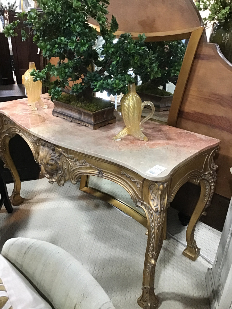 CONSOLE GOLD TONE METAL WITH LION AND MARBLE TOP