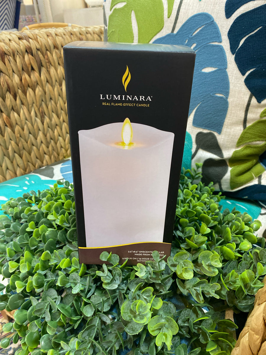 WHITE WAX LUMINARA TALL INDOOR CANDLE 3.5" x 8.5"