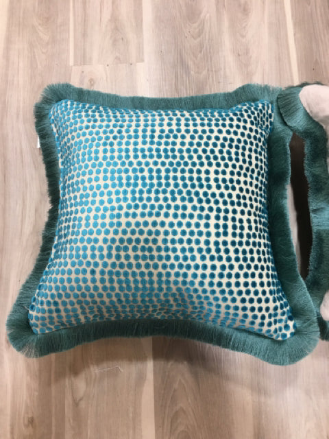 PILLOW BEIGE WITH TEAL FRINGE