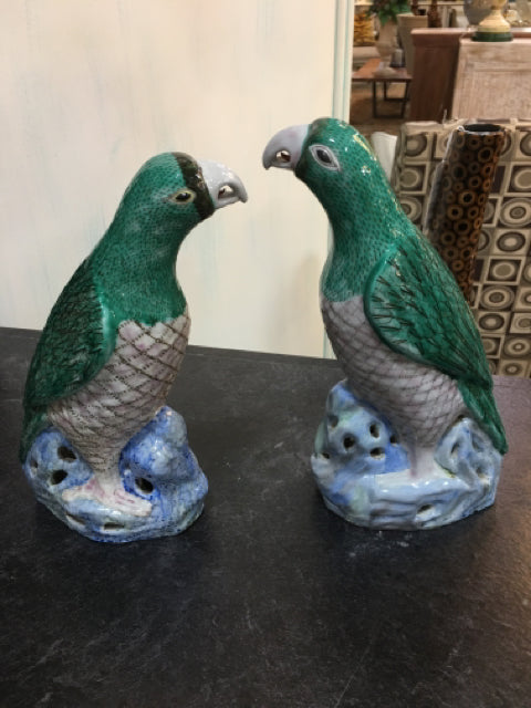 PAIR OF PORCELAIN PARAKEETS GREEN GREY AND BLUE