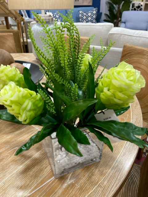 SILK BROMIELADS IN GLASS VASE WITH ROCKS