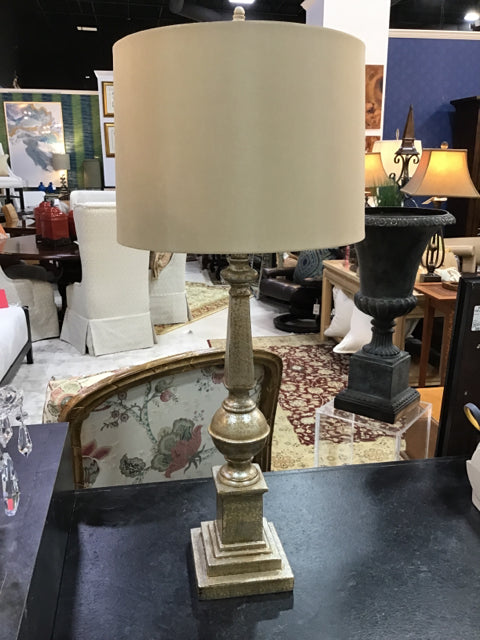 TABLE LAMP PAINTED SILVER AND BEIGE WITH BEIGE SHADE