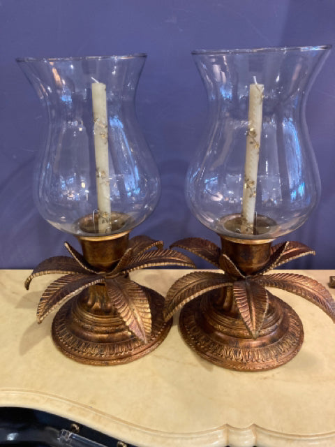 CANDLE HOLDER PAIR HURRICANE  LEAF GOLD - Consign & Design - Consign & Design - clearance, PGA
