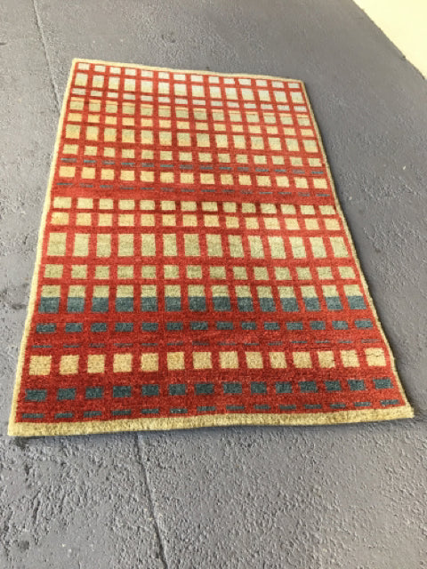 OBEETEE RUG WOOL CHECKED RED CREAM