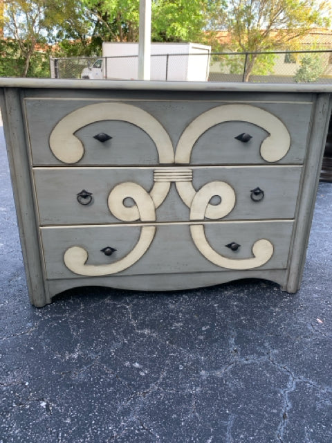 HOOKER CHEST  OLIVE GREEN WITH CREAM INLAY 3 DRAWER