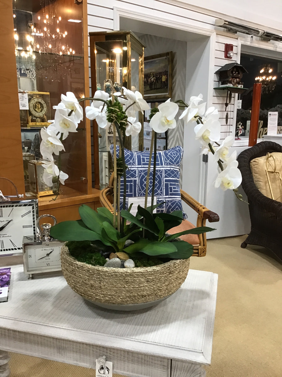 SILK TRIPLE ORCHIDS IN REED/CEMENT BOWL